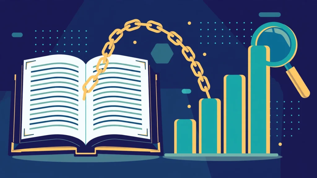 Wikipedia backlinks SEO concept — encyclopedia book sending links to a rising rankings chart