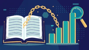 Wikipedia backlinks SEO concept — encyclopedia book sending links to a rising rankings chart