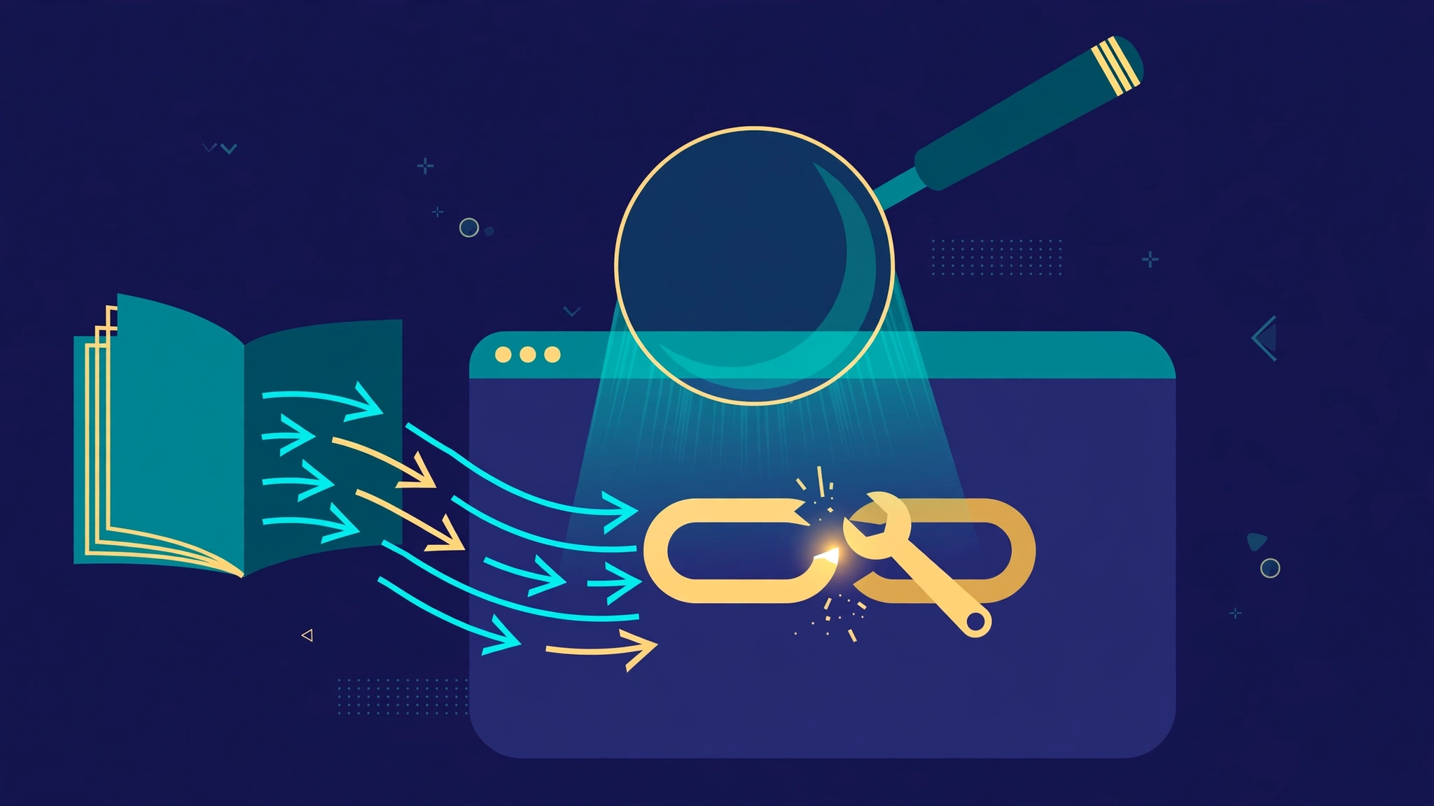 Magnifying glass repairing a broken Wikipedia backlink for SEO referral traffic